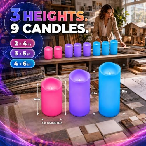 Enido Flameless Candles, Color Changing LED Candles(D: 3" x H: 4" 5" 6") Battery Operated Outdoor Waterpoof Candles Plastic Pack of 9 Flameless Pillar Candles - Image 5