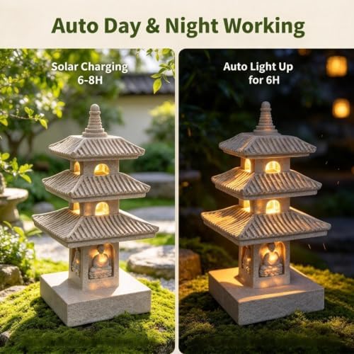 Solar Pagoda Garden Statue with LED Solar Light, 10 Inch Zen Garden Lantern - Image 3