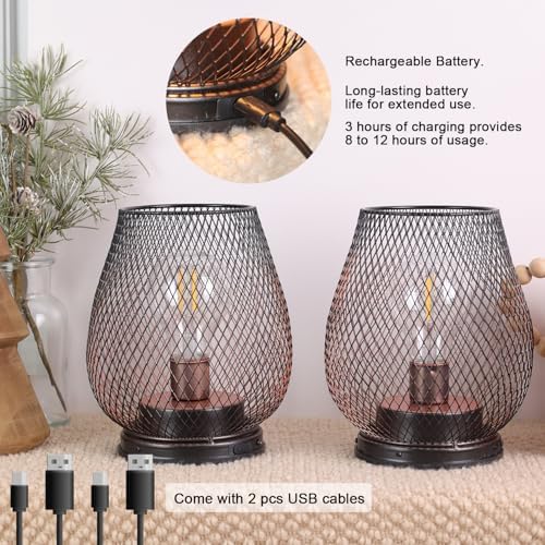Set of 2 Rechargeable Lamp LED Table Lantern, Brown Metal Cage Cordless Lamps with LED Bulb，Vintage Decorative Outdoor Lantern for Weddings, Parties, Patio, Events for Indoors Shelf Decor - Image 3