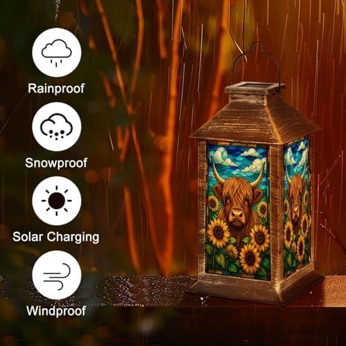 Solar Lantern Highland Cow Sunflowers Stained Glass Style Outdoor Waterproof Hanging Solar Light Outside Lights for Patio Yard House Lawn Decor Birthday Gifts for Women Mom - Image 5