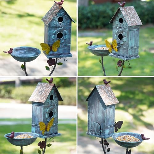 57" H Metal Bird Bath Bowl and Bird House 2-in-1 Design for Outdoors, Garden Yard Decor - Image 3