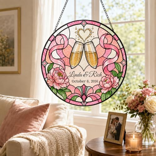 Personalized Couple Anniversary Suncatcher Hanging Ornament, Floral Love Window Hanging Custom Anniversary Wedding Couple Gift for Wife Husband Wedding Keepsakes Home Decor Bride Groom 11.81" - Image 2