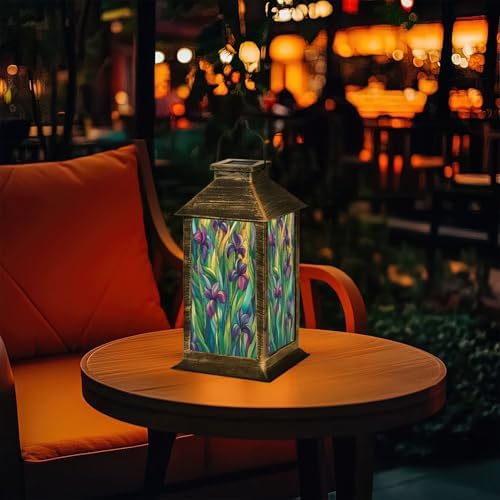 Solar Lantern Irises Hand Cut Stained Glass Purple Green Blue Leaves Organic Outdoor Waterproof Garden Hanging Lantern Solar Powered Lighting Outside Table Lamp for Patio Deck Camping 1 Pack - Image 7
