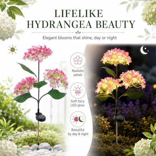 Fairy Hydrangea Solar Lights Outdoor Waterproof, 4Pcs Solar Flowers Outdoor Garden Realistic Artificial Flower Stake LED Garden Decor for Pathway Patio Yard Lawn (Purple (4Pcs)) - Image 2