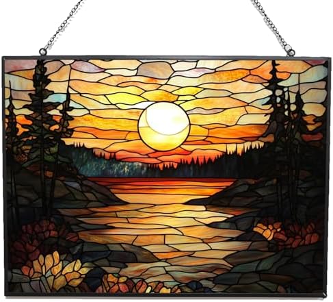 Rectangle Vintage Sunset in The Forest Stained Glass Window Hanging, Suncatcher for Women, Stained Glass Window Decor Perfect Home Décor by 365CUSGIFTS