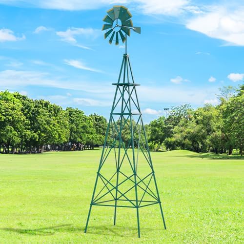 Goplus 8 ft Ornamental Windmill, All-Weather Metal Wind Mill w/ 4 Support Legs, Decorative Weathervane for Backyard, Garden, Farm, 4 Ground Stakes Included (Green) - Image 2