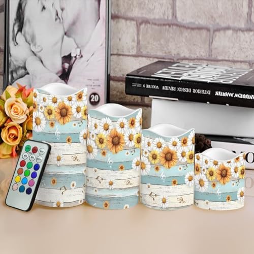 Wood Sunflower Daisy Flameless Candles with Remote Timer Flickering LED Pillar Candles Color Changing Set of 4 Outdoor Home Table Beach Wedding Decoration - Image 4