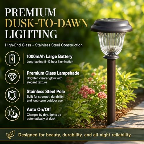 DERAYSION 8 Pack Solar Lights Outdoor, Stainless Steel Glass Solar Pathway Lights, Auto On/Off Long-Lasting Waterproof Garden Lights for Landscape, Path, Yard, Driveway, Walkway Decor (Warm White) - Image 3