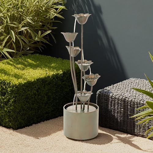 XBrand 35-Inch Metal Multi-Tier Cascading Water Fountain with LED Lights, Freestanding Indoor/Outdoor Garden Fountain, Silver by XBrandHomeGarden