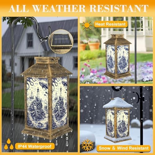 Solar Lantern Outdoor Waterproof Blue Deep Sea Toile Lighthouse Sailing Ships Octopus Whale Seagulls Garden Decor LED Solar Lights Hanging/Tabletop Lamp Gifts for Women Mom for Outside Yard Patio - Image 3