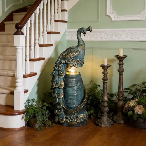 Tankana Peacock Outdoor Water Fountain 32" H Cascading Waterfall Fountain with LED Lights & Pump Tiered Water Feature for Garden, Patio, Backyard, Deck, and Porch Decor, Bronze - Image 2