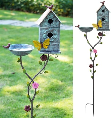 57" H Metal Bird Bath Bowl and Bird House 2-in-1 Design for Outdoors, Garden Yard Decor by MNRYLKB
