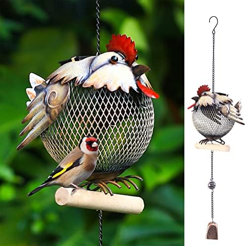Solar Rooster Bird Feeder Squirrel Proof for Outside - Unique Cute Metal Animal Shaped Wild Bird Feeder with Solar Light, Wind Chime, Gift for Bird Lovers(Rooster) by WTreeW