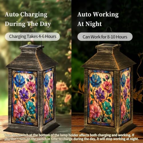 Solar Lantern Vibrant Stained Glass Floral Outdoor Waterproof Garden Hanging Lantern Solar Powered Lighting Outside Solar Light for Patio Yard Camping, Gifts for Women Mom - Image 4
