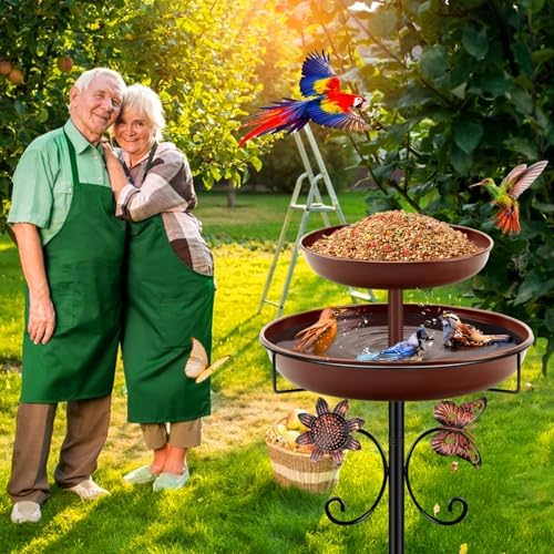 Daoeny Bird Bath for Outside, 42In Vintage Freestanding Birdbaths for Outdoors, Double Metal Bird Bath Feeder Bowls for Garden Patio Yard Lawn Decor, Upgraded 5-Pronged Base (Brown) - Image 5