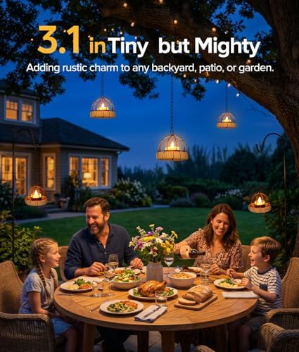 KOOPER Hanging Solar Lanterns Outdoor Waterproof, 4 Pack Flickering Solar Powered Tea Lights, Rust Iron Ball Candle Holder Hanging Solar Lights for Backyard Garden Patio Yard Fence Tree Decoration - Image 3