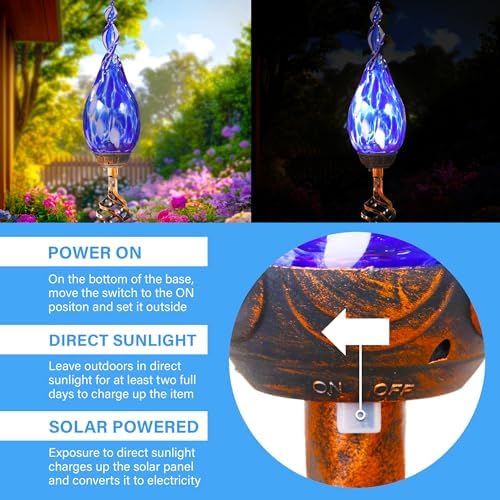 Solar Garden Lights Outdoor, Decorative LED Flame Garden Stakes, Hand Blown Glass and Outdoor Waterproof Glass Stakes (Dark Blue) - Image 3