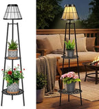 MXwcy 2-Tier Solar Plant Stand with Light, Modern Outdoor Floor Lamp with Classic Grid Lantern, Waterproof Tall Metal Planter Display Rack for Patio, Porch, Balcony, Garden Decor (2 Pack) by MXwcy