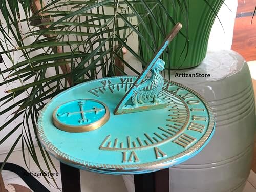 Sundial Verdigris Finish Brass 10" Dia Vintage Garden Decor Silent Clock Plaque and Rooster Dial Round Patio Outdoor Sundials - Image 5