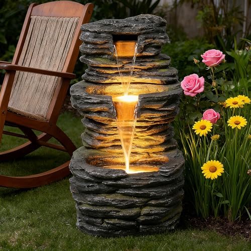 3 Tier Cascading Rock Water Fountain Outdoor Garden,28.74" H Natural Look Outdoor Fountains and Waterfalls with LED Lights for Patio, Deck, Porch, Backyard, Outside and Indoor Home Decor - Image 3