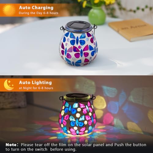 Stargarden 4 Pack Mosaic Solar Lanterns, Glass Hanging Lantern Outdoor - Image 2