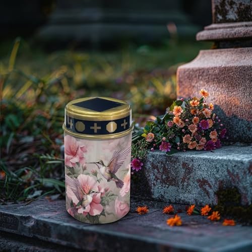 Poceacles Outdoor Solar Lights Solar Garden Lights Cemetery Solar Lights Water Resistant Pillar Candle Solar Garden Stake Lights for Cemetery Grave Decorations, Hummingbird Flower Pink, Pack of 4 - Image 3