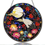 9.84 Inch Stained Glass Window Hanging Crane Lotus Moon Scene Sun Catchers Japanese Style Bird and Floral Art Suncatchers for Home Porch Garden Indoor & Outdoor Decor by Unknown