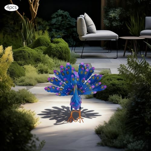 4 Pcs Metal Peacock Statue Set, Colorful Iron Garden Decor Outdoor, Vibrant Tail Spread Peacock Yard Art Sculpture for Patio Lawn Entryway, Weather Resistant Housewarming Gift - Image 2