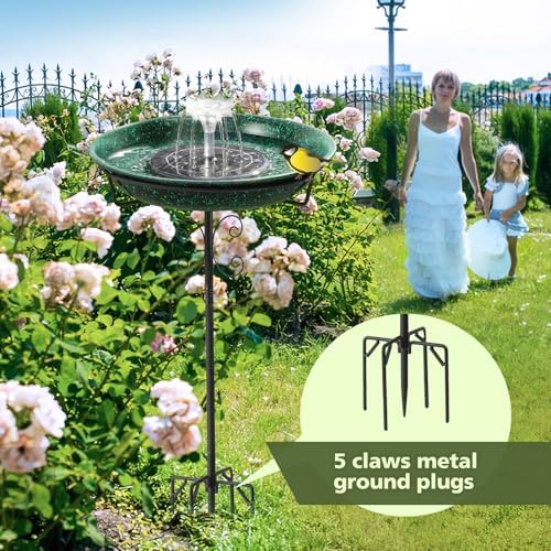 Solar Fountain Bird Bath for Outside Garden Decor,All Metal Hummingbird Bath & Feeder with 5-Prong Base,Standing Bird Feeder for Backyard Birding & Wildlife,Copper Green - Image 7