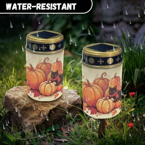 Poceacles Solar Candle Cemetery Solar Lights for Grave LED Garden Flameless Powered Pathway Lights for Halloween Party Decorations, Black Cat Pumpkin Autumn Leaf Print Beige, Pack of 4 - Image 6