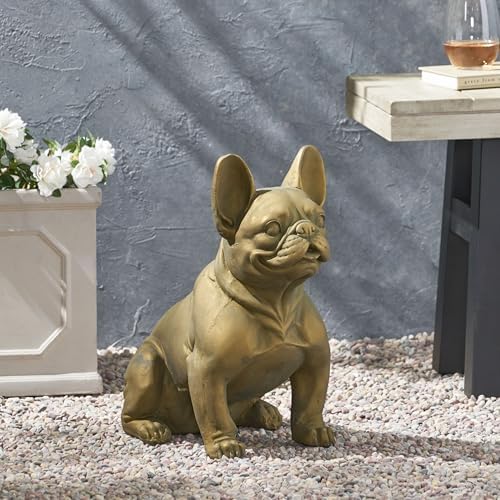 French Bulldog Garden Statue, 17" Tall Outdoor Dog Sculpture, Rustic Gold Cast Stone Frenchie Figurine for Garden, Patio, Porch, or Lawn Décor, Weather-Resistant and Handcrafted Finish by CNPOP