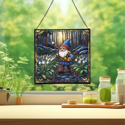 Snowdrop Gnome Walk Stained Glass Suncatcher – Square Hanging Window Panel for Home or Greenhouse – Whimsical Glass Art Gift for Garden Lovers, Christmas, Halloween, Father Days D9Mw7a - Image 2