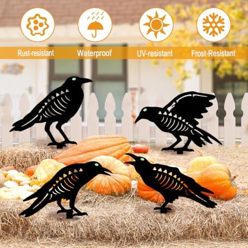 Outdoor Halloween Decor,4 Pack Metal Black Crow Garden Stakes & Glow Eyes - Image 3