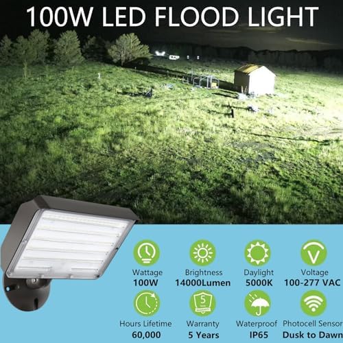 Dusk to Dawn Outdoor 100W LED Flood Light with Knuckle (Plate Included), 14000LM 1000W Equiv., 100-277V 5000K,ETL Commercial LED Floodlight Fixture, Outdoor Security Lighting for Landscape,Parking Lot - Image 2
