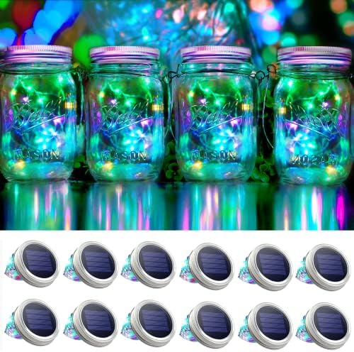 SmilingTown 30 LED 12 Pack Mason Jar Solar Lights Outdoor Colorful Solar Mason Jar Lid String Fairy Lights Hanging Lights for Patio Yard Garden Wedding Decorations[No Jar+12 Hangers] by SmilingTown