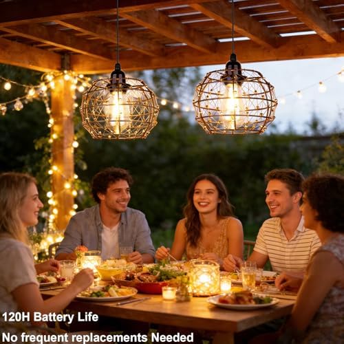 Battery Operated Outdoor Chandelier, 2Pack Gazebo Lights Waterproof, Beaded Copper Wire Drum Shape Hanging Pendant Lights with Remote for Gazebo, Pergola, Porch, Ceiling Indoor Outdoor Decor Lighting - Image 7