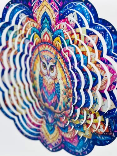 Shwing 12 Inch Wind Spinner Colorful Owl Mandala Hanging Decor Vibrant Boho Metal Ornament Outdoor Kinetic Garden Art 3D Wind Spinner for Patio Porch Balcony Backyard Decoration - Image 2