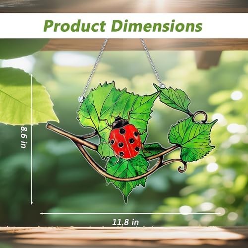 Plant Suncatcher Glass, Stained Glass Suncatcher Plant Window Hanging, Unique Nature Lover Gifts Leaf (Leaves & Ladybug) - Image 3
