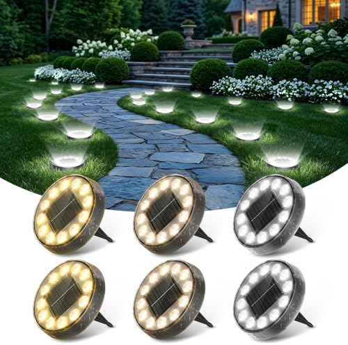 Peasur 5.18inch Solar Ground Lights Outdoor,12LED 3CCT 2Brightness 1200mAh Battery,IP65 Waterproof and ABS One-Piece Anti-Rust Housing Garden Lights for Pathway Lawn Yard Driveway Landscape 6 Pack by Peasur