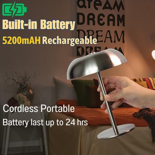 2 Pack Cordless Mushroom Table Lamp, Rechargeable, Dimmable 3 Color, Silver - Image 4