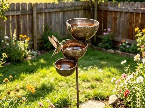 Three-Tiered rainwater Harvester Garden Pole, Vintage Rusted Metal Bird Bath, Bird and bee Drinking Cup, Decorative Outdoor rainwater Harvester Suitable for Patio, Lawn, and Garden Landscaping (1) - Image 4