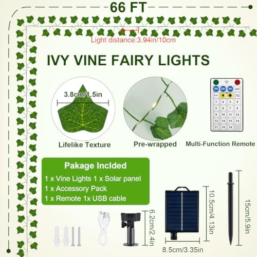 OMIKA 66FT 200LED Vine Fairy Lights Solar Powered, 19 Modes & Timer Ivy String Lights with Remote, Green Leaf Lights for Indoor Bedroom Classroom Office Wall Garden Party Wedding Decor (Warm White) - Image 5