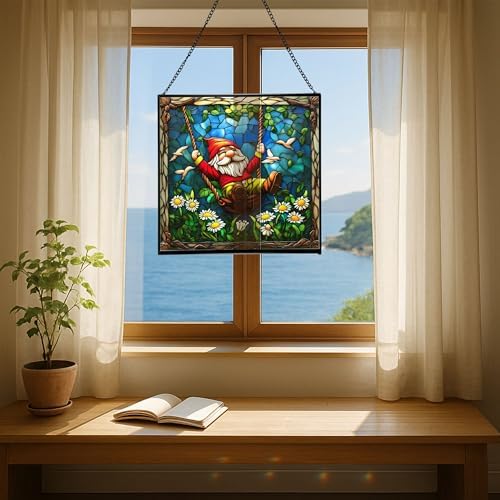 Swinging Garden Gnome Stained Glass Suncatcher – Square Hanging Window Panel for Home or Greenhouse – Whimsical Glass Art Gift for Garden Lovers, Christmas, Halloween, Father Days 5tGEG5 - Image 6