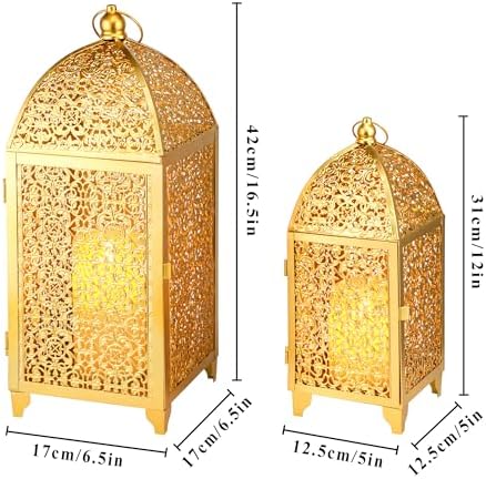 TRIROCKS Set of 2 Vintage Decorative Candle Lantern 12''&16.5'' High Metal Candle Holder Hanging Lantern with Hollow Pattern for Living Room Garden Parties Events Indoors Outdoors(Gold) - Image 2