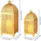 TRIROCKS Set of 2 Vintage Decorative Candle Lantern 12''&16.5'' High Metal Candle Holder Hanging Lantern with Hollow Pattern for Living Room Garden Parties Events Indoors Outdoors(Gold) - Image 2