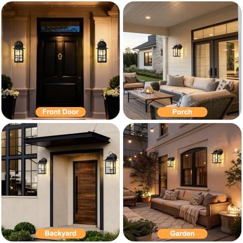 OKELI 2-Pack Dusk to Dawn Exterior Lighting Fixture, Farmhouse Outdoor Wall Lights with Ripple Glass, Aluminum Porch Light Wall Mount, Anti-Rust Outside Wall Sconce for House, Garage(Black&Gold-Trim) - Image 6