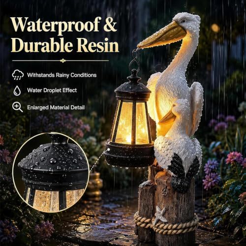 Solar Pelican Garden Statue with LED Lantern, 11.4 Inch Hand-Painted Resin Outdoor Figurine Light for Patio Lawn Yard, Coastal Bird Gift for Women Mom Grandma - Image 4