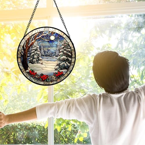 Winter Snow Night Scenery Stained Glass Window Hanging Suncatcher Gift 9.8" - Image 3