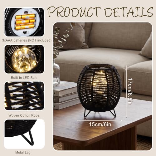 JHY DESIGN Cordless Table Lamps Set of 2, 6.5" H Battery Operated Woven Cotton Rope Lamps with 6 Hours Timer, Boho Bedside Lamps for Bedroom Living Room Home Parties Patio Events(Black) - Image 3