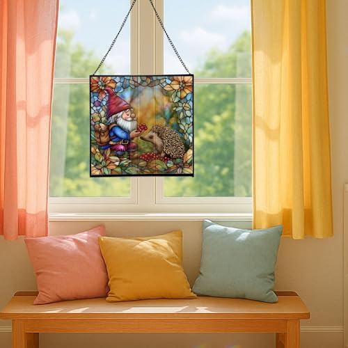 Gnome and Hedgehog Friends Stained Glass Suncatcher – Square Hanging Window Panel for Home or Greenhouse – Whimsical Glass Art Gift for Garden Lovers, Christmas, Halloween, Father Days 3plY32 - Image 5